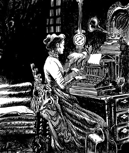 Dracula Chapter 17 - Mina Harker typing up Dr Seward's notes from a phonograph machine.